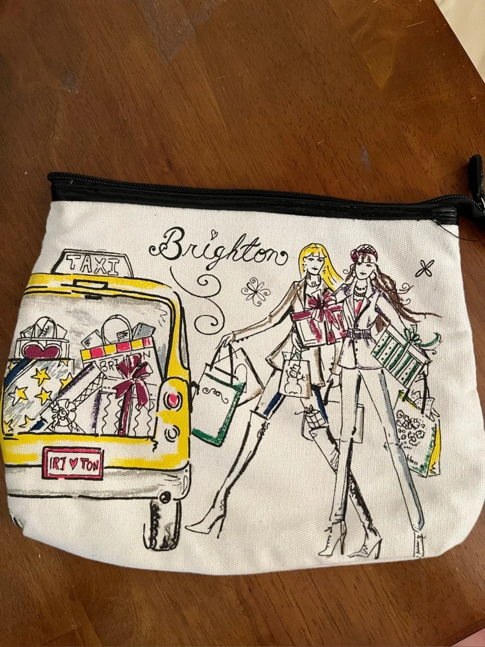 Brighton White Canvas Cosmetic Bag Yellow Taxi and Fashion Illustration 12x9.5